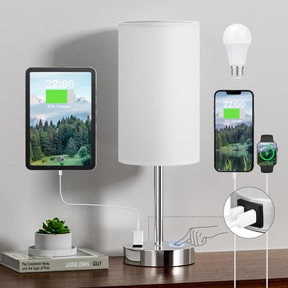 Fenmzee 17.4" White Lamp for Bedroom - Dimmable Touch, USB A+C, AC Outlet - color: White - Silver, size: 17.4"
