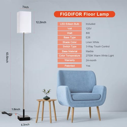 Modern Floor Lamp for Living Room, Tall Black Floor Lamp with Square Linen Shade, Pull Chain Switch and Stable Metal Base, Standing Lamp for Bedroom, Reading Nook and Office, Bulb Included