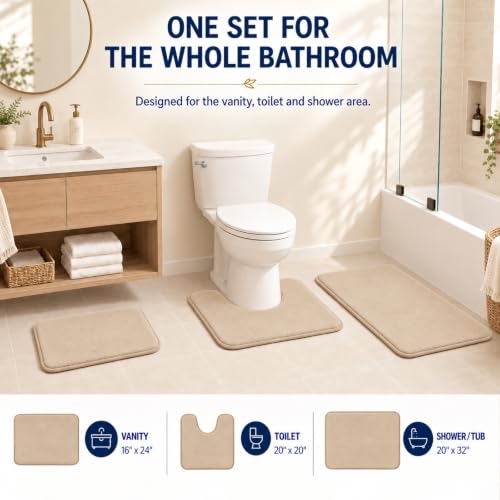 Beige Bath Mat Sets Extra Soft Memory Foam Bathroom Rugs 3 Piece Non Slip Absorbent & Dry Living Mat Sets Washable Bath Carpets with Toilet Rug,Bath Rugs for Bathroom,Tub,Shower,Kitchen,Bedroom - color: Beige