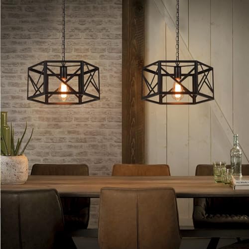Rustic Farmhouse Plug in Pendant Light Fixture with Adjustable Chain, Dimmable Switch, 14.5 inch Modern Industrial Metal Cage Hanging Lamp for Kitchen Island Dining Room Farmhouse Home, Black - size: Medium hanging lamp