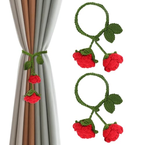 2 Pack Boho Handmade Flower Curtain Tiebacks & Holdbacks, Red Roses - color: Red Roses