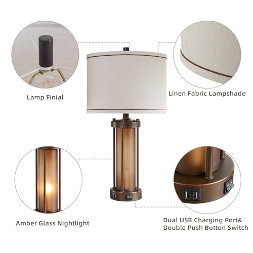 Set of 2 Farmhouse Table Lamps for Living Room with 2 USB Charging Ports - color: Brown