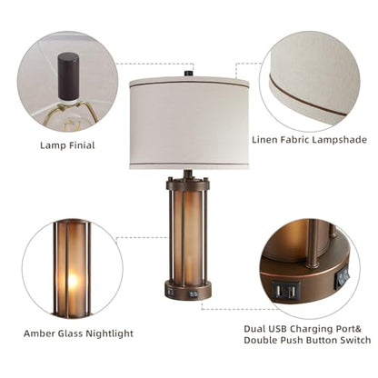 Set of 2 Farmhouse Table Lamps for Living Room with 2 USB Charging Ports - color: Brown