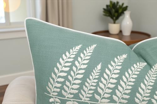 Rudransha Botanical Fern Leaf Embroidery Lumbar Pillow Cover - 14x24 Light Teal Cotton - color: Light Teal-ferny, size: 24" x 14" (Pack of 1)
