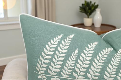 Rudransha Botanical Fern Leaf Embroidery Lumbar Pillow Cover - 14x24 Light Teal Cotton - color: Light Teal-ferny, size: 24" x 14" (Pack of 1)
