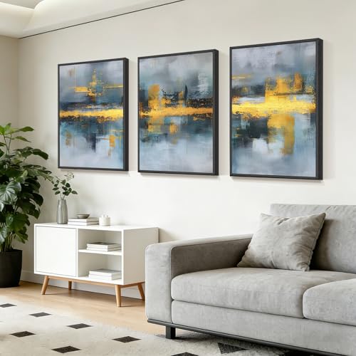 Blue and Gold Abstract Wall Art Set of 3, Modern Framed Canvas Wall Art 16x24 Inch, Luxury Abstract Landscape Wall Painting for Living Room Bedroom Office, Metal Frame Ready to Hang - color: Metallic Waterscapes, size: 16"L x 24"W