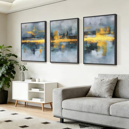 Blue and Gold Abstract Wall Art Set of 3, Modern Framed Canvas Wall Art 16x24 Inch, Luxury Abstract Landscape Wall Painting for Living Room Bedroom Office, Metal Frame Ready to Hang - color: Metallic Waterscapes, size: 16"L x 24"W