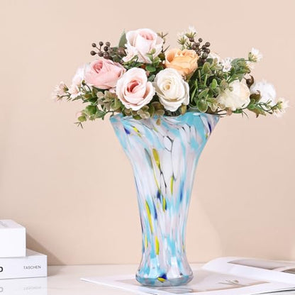 9.0" H Blue White Glass Vases for Flower, Unique Hand Blown Glass Vase - color: Multicolor Blue