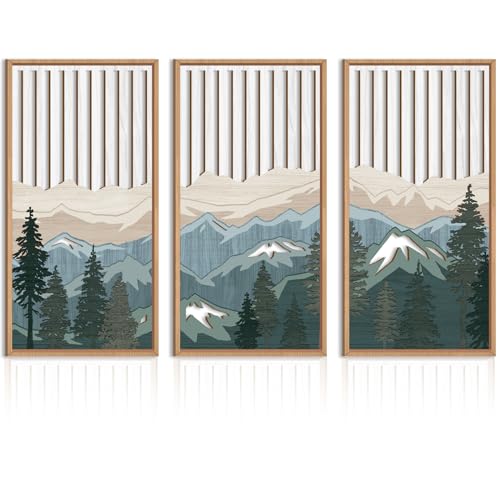 IARTTOP Large Mountain Wood Wall Art Framed Decor Set of 3, Modern Mountain Landscape Wall Art Nature Artwork Wall Decor for Bedroom, Living Room, Office-16 x32 - color: Green Mountain, size: 32"L x 16"W