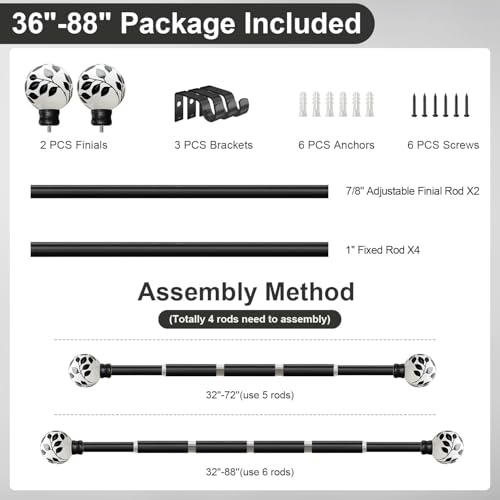 Ceramic Black Curtain Rods for Windows 16 to 88 Inches Drapery Rods - color: Ceramic Black, size: 16"-88"|1 Pack