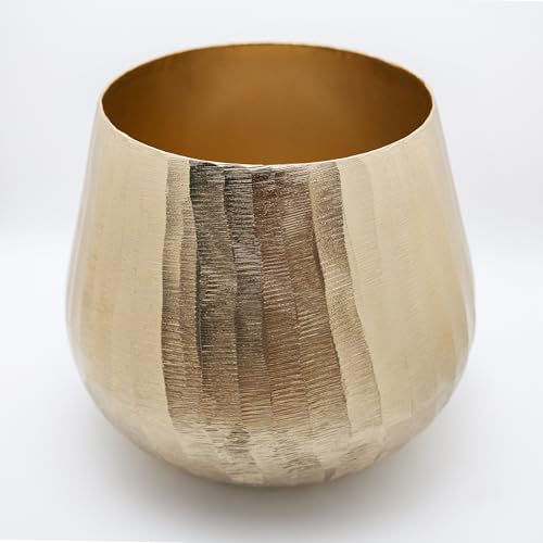 Brass Hammered Planter for Plants and Succulents - Modern, Vintage, Mid-Century Modern - Gold Colored Decorative Round Metal Flower Pot Holder for Living Room, Kitchen, Office