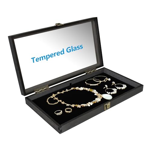 MOOCA Wooden Jewelry Display Case, Pocket Knife Display Case with Tempered Glass Top Lid and Removable Black Luxurious MDF Velvet Jewelry Pad, Black Color - color: 2) Black