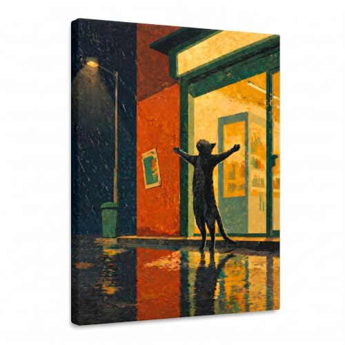 KVLMIJO Black Cat Canvas Wall Art 12x16, Vintage Rainy Night Wall Decor | Frameless wrapped canvas with hanging kit, cozy rainy black cat art for bedroom, bathroom, office and reading nook. - color: Rainy Night Welcome