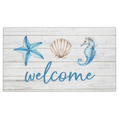 Jvpke White Beach Welcome Mat for Front Door, Beach Door Mat, Starfish Seashell Seahorse Beachy Door Mats Indoor Outdoor Entrance Porch, Ocean Beachy Baths Mats for Bathroom, 17x30 Inches - color: Beach Welcome White