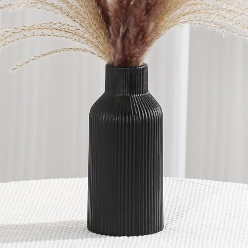 Bohemian Black Ceramic Vase - for Pampas Grass, Mantel, Bookshelf, Entryway and Living Room Decor (Black, 8in) - color: Black, size: 8in-Round