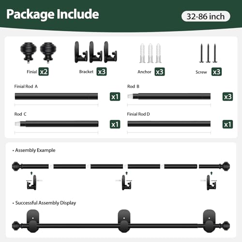 KAMANINA Curtain Rods No Drilling for Windows 32 to 86 Inches, 5/8 Inch Adjustable Renter Friendly Curain Rod with 3M Adhesive Brackets without Drilling, Black (Pack of 4) - color: Black, size: 32-86" (Pack of 4)