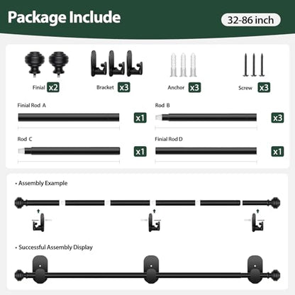 KAMANINA Curtain Rods No Drilling for Windows 32 to 86 Inches, 5/8 Inch Adjustable Renter Friendly Curain Rod with 3M Adhesive Brackets without Drilling, Black (Pack of 4) - color: Black, size: 32-86" (Pack of 4)