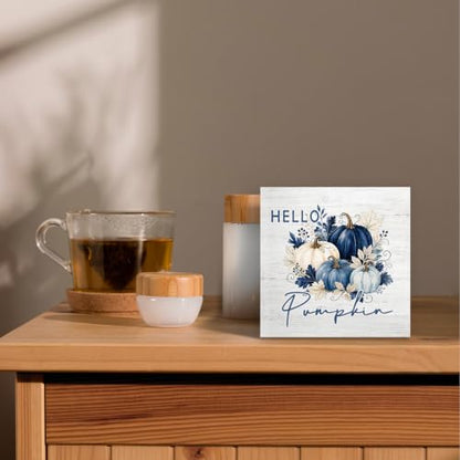 Blue and White Fall Pumpkin Wood Box Sign Desk Decor 5X5 - color: Navy Blue & Cream