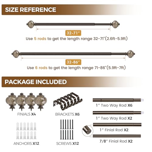 KAMANINA 2 Pack Curtain Rods 32 to 86 Inch, Bronze Drapery Rod, 1" Diameter - color: Bronze, size: 48-84"(2Pack)