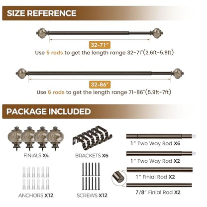 KAMANINA 2 Pack Curtain Rods 32 to 86 Inch, Bronze Drapery Rod, 1" Diameter - color: Bronze, size: 48-84"(2Pack)