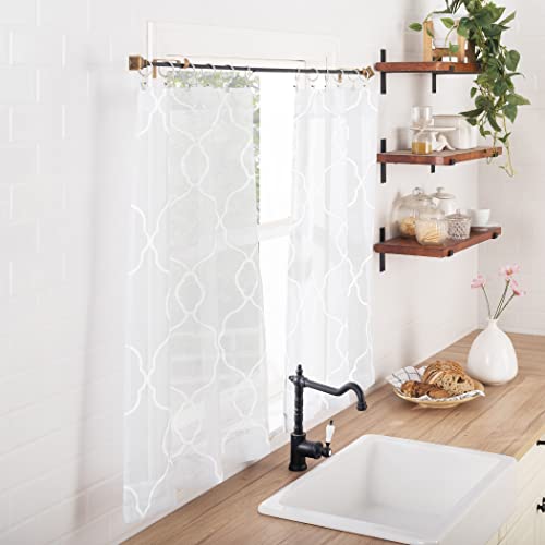 No. 918 Allerton Embroidered Trellis Semi-Sheer Rod Pocket Kitchen Curtain Valance and Tiers Set, White, 52" W x 36" L
