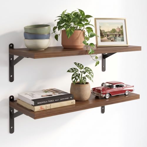 Walnut Floating Shelves Wall Mounted Set of 2, Heavy Duty Wood Wall Shelves with Reinforced Anti-Sag Brackets, Includes 12 Hollow Wall Anchors & Complete Installation Kit for Drywall & Concrete