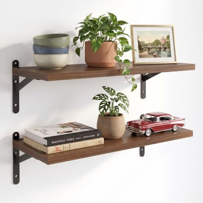 Walnut Floating Shelves Wall Mounted Set of 2, Heavy Duty Wood Wall Shelves with Reinforced Anti-Sag Brackets, Includes 12 Hollow Wall Anchors & Complete Installation Kit for Drywall & Concrete