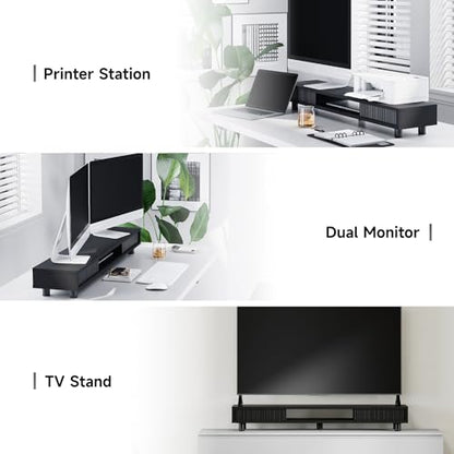 Fenge Dual Monitor Stand with Storage, Desk Shelf with Glass Sliding Door - color: Black