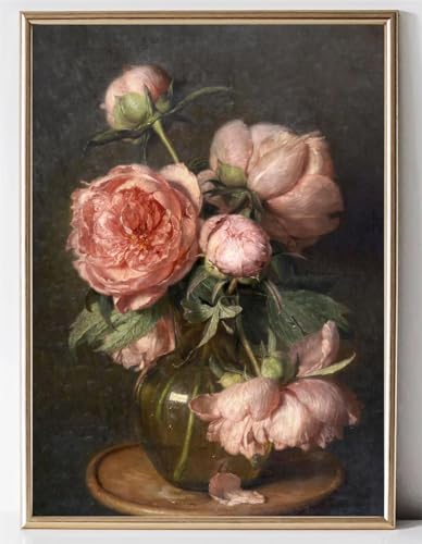 Kizbok Vintage Floral Wall Art, Vintage Wall Decor Retro Moody Floral Canvas Paintings, Classical Dark Pink Peonies Flower Vintage Art Prints, Farmhouse Decor for Bathroom Bedroom(8"x10"-Unframed) - color: Floral, size: 10"L x 8"W