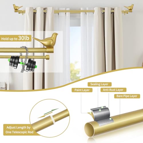 3/4" Diameter Farmhouse Double Window Treatment Curtain Rod, Bird Finials (28"-48", Gold) - color: Gold, size: 28"-48"