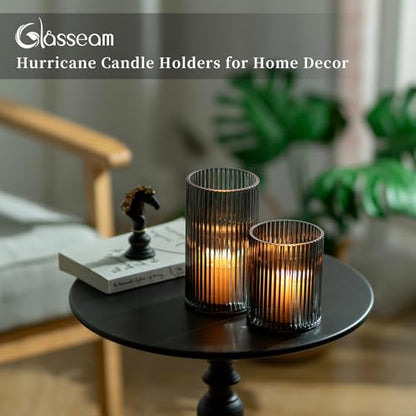 Glasseam Hurricane Glass Candle Holders: 2 Pcs Ribbed Cylinder Grey Vases