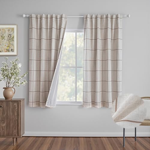MYSKY HOME 100% Blackout Brown Plaid Linen Curtains 63 Inches Long Checkered Double Layer Farmhouse Thermal Insulated Print Drapes with Rod Pocket Back Tab for Living Room Bedroom, 2 Pcs, 52" Wide - color: Brown, size: 52"W x 63"L (Pack of 2)