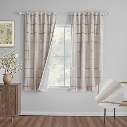 MYSKY HOME 100% Blackout Brown Plaid Linen Curtains 63 Inches Long Checkered Double Layer Farmhouse Thermal Insulated Print Drapes with Rod Pocket Back Tab for Living Room Bedroom, 2 Pcs, 52" Wide - color: Brown, size: 52"W x 63"L (Pack of 2)