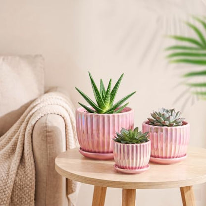 Pink Plant Pots，Ceramic Planters with Drainage Holes and Saucers Set of 3 - color: Pink