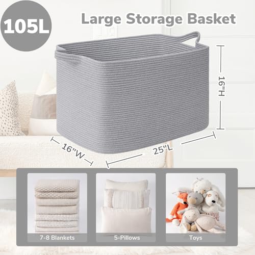 Goodpick 105L Extra Large Woven Rope Blanket Basket, Rectangle, Gray - color: Grey, size: XX-Large(25"L x 16"W x 16"H)