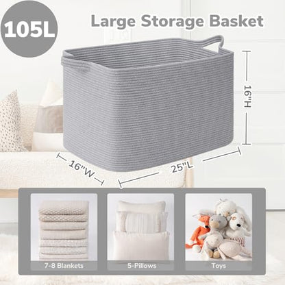 Goodpick 105L Extra Large Woven Rope Blanket Basket, Rectangle, Gray - color: Grey, size: XX-Large(25"L x 16"W x 16"H)