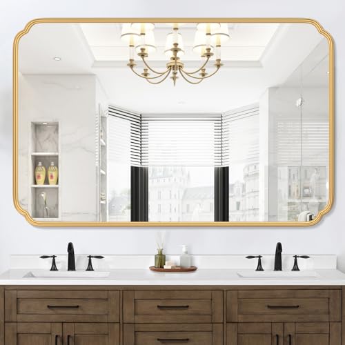 Ferytange 55X36 Inch Gold Metal Framed Bathroom Mirror for Wall, Large Rounded Rectangle Bathroom Vanity Mirror Farmhouse, Anti-Rust, Tempered Glass, Hangs Horizontally or Vertically - color: Gold, size: 55"L x 36"W