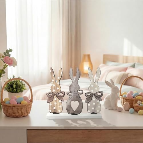 Smile Easter Bunny Trio Wooden Decor, Rustic 3-Bunny Silhouette Sign with Bows & Heart Detail for Spring Tiered Tray Decor - style: Brown Bunny