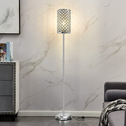 GyroVu Crystal Floor Lamp, Elegant Standing Lamp Modern Floor Lamp Silver Finish Tall Pole Lamp Accent Light with On/Off Foot Switch for Living Room, Girl Bedroom, Dresser, Office - color: Silver