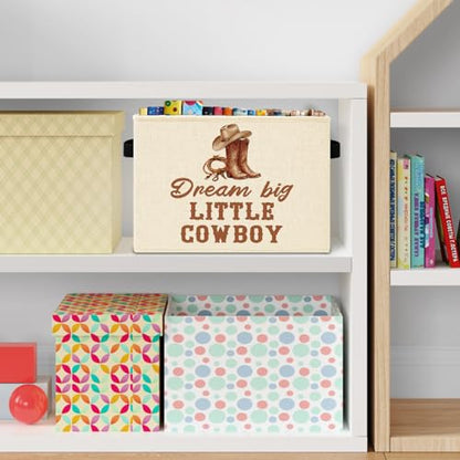 Western Cowboy Nursery Storage Bins Box with Handles, Dream Big Little Cowboy Southwestern Laundry Basket Hamper Collapsible Clothes Toys Organizer for Boys Kids Room Bathroom - color: Little Cowboy