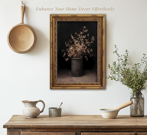 Vintage Gold Framed Wall Art Fall Dried Flowers Antique Vase Country Oil Painting Canvas Prints Dark Moody Rustic Still Life Picture Gothic Victorian Botanical Poster Artwork for Bedroom, 12x16in - color: Dark Flowers, size: 16"L x 12"W