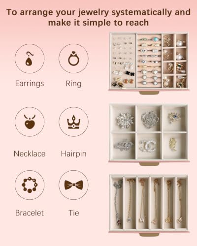 Homeanda Jewelry Boxes Organizer with Glass Lid, 3-Layer PU Leather, Pink - color: Mauve Pink, size: 3 Layer