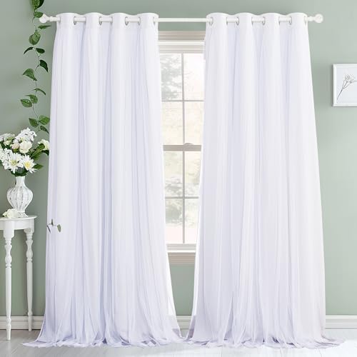 PONY DANCE Double Layer Blackout Curtains with White Sheer 63 Inches Long - color: Winter White, size: 52"W x 63"L (Pack of 2)