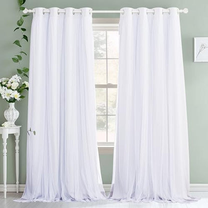 PONY DANCE Double Layer Blackout Curtains with White Sheer 63 Inches Long - color: Winter White, size: 52"W x 63"L (Pack of 2)