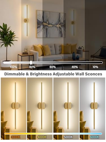 Battery Operated Wall Sconces Set of Two, Wireless Wall Lights Touch & Remote Control Rechargeable LED Wall Lamp 2700K-6000K Dimmable Lights for Living Room Bedroom Bathroom Hallway( 29 ", Gold) - color: Gold