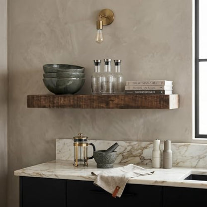 Hives & Honey Hawthorne Floating Shelf 48 Inch, Solid Mango Wood Wall Mounted Shelf, Hidden Bracket Design, Heavy Duty Storage Shelf, Light Wash Rustic Décor