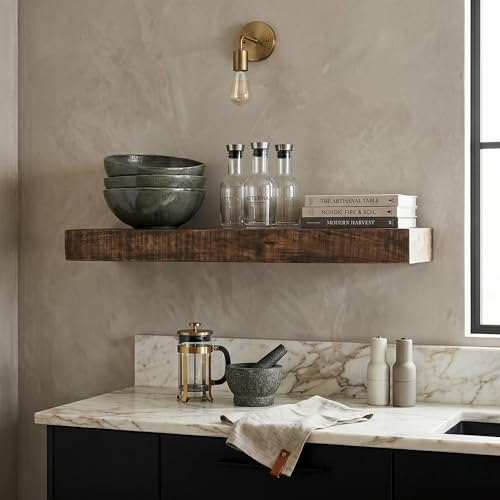 Hives & Honey Hawthorne Floating Shelf 48 Inch, Solid Mango Wood Wall Mounted Shelf, Hidden Bracket Design, Heavy Duty Storage Shelf, Light Wash Rustic Décor