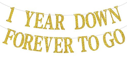1 Year Down Forever to Go Banner, 1 Year of Marriage Gift, Happy 1st Wedding Anniversary Party Decoration Supplies, Gold Glitter