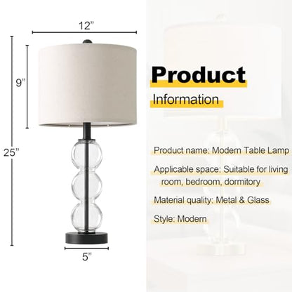 Oneach 25" Glass Table Lamps Set of 2, Black Modern Table Lamps with USB Ports for Living Room, Linen Shade Bedside Lamps for Bedroom, Nightstand, Side Table (Bulbs not Included) - color: Black