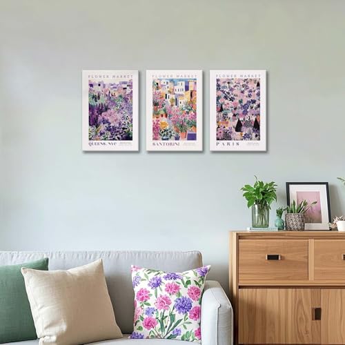 XLARTMY Flower Market Wall Art Prints Canvas Purple and Pink Floral Paintings Colorful Botanical Travel Flower Posters for Home Decor Pictures Set of 3 for Living Room Bedroom 16x24in - color: Flower Market PUrple, size: 16x24in Canvas